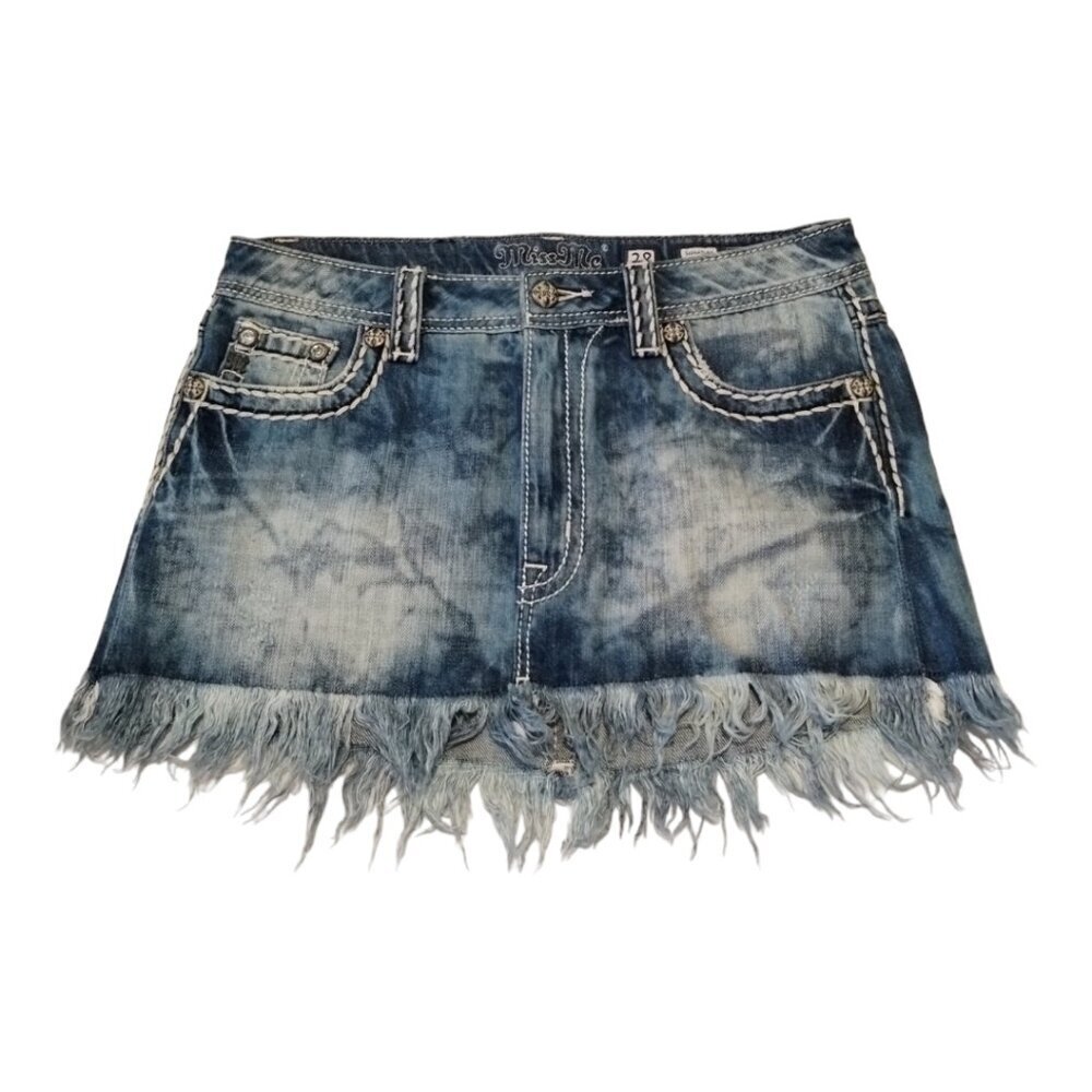 Miss Me Fringe Raw Hem Acid Wash Denim Jeans Mini‎ Micro Signature Skirt Sz 28